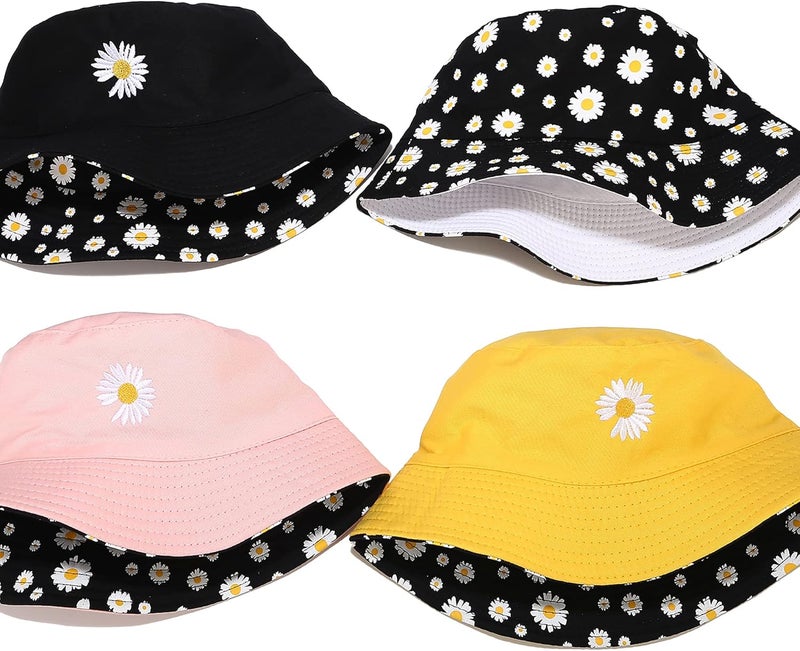 EYBF Flower Reversible Bucket Hat Cotton Summer Travel Beach Sun Hats Emboridery for Women Men - Image 4